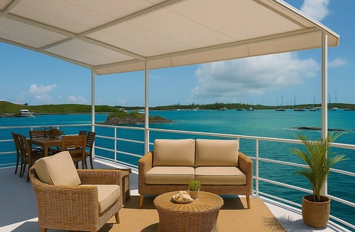 Great Exuma Boat Rental | Water Glamping over turquoise blue water.