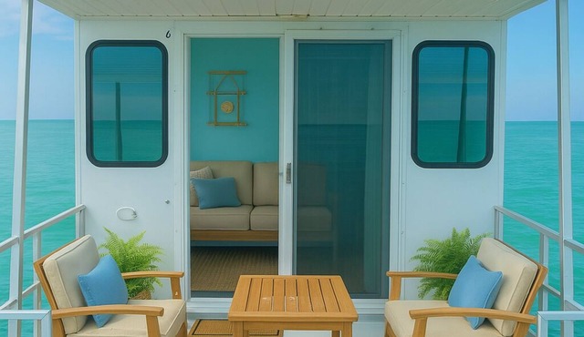 Water Glamping over turquoise blue water.